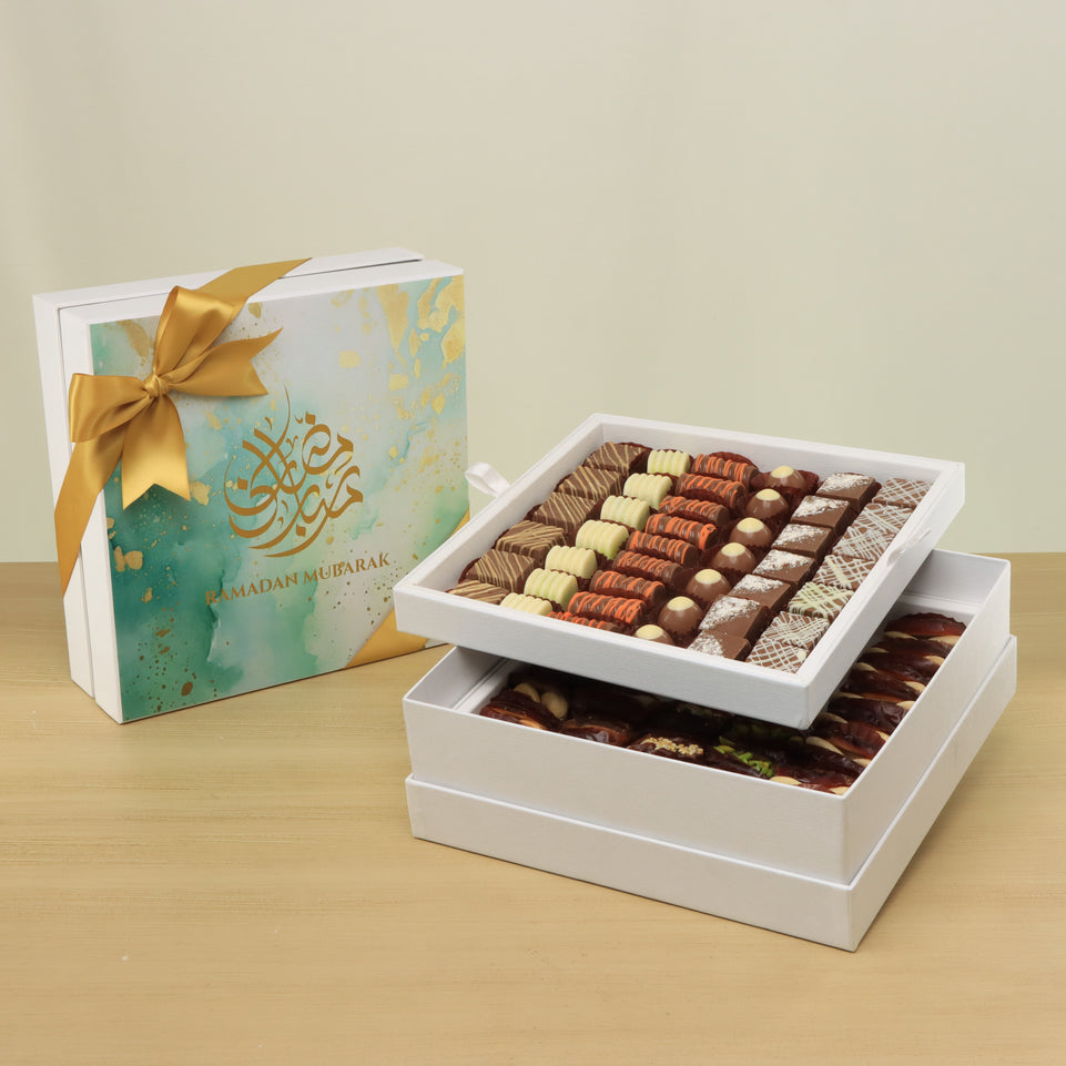 Ramadan Mubarak designed premium chocolate & dates 2-layer hard box