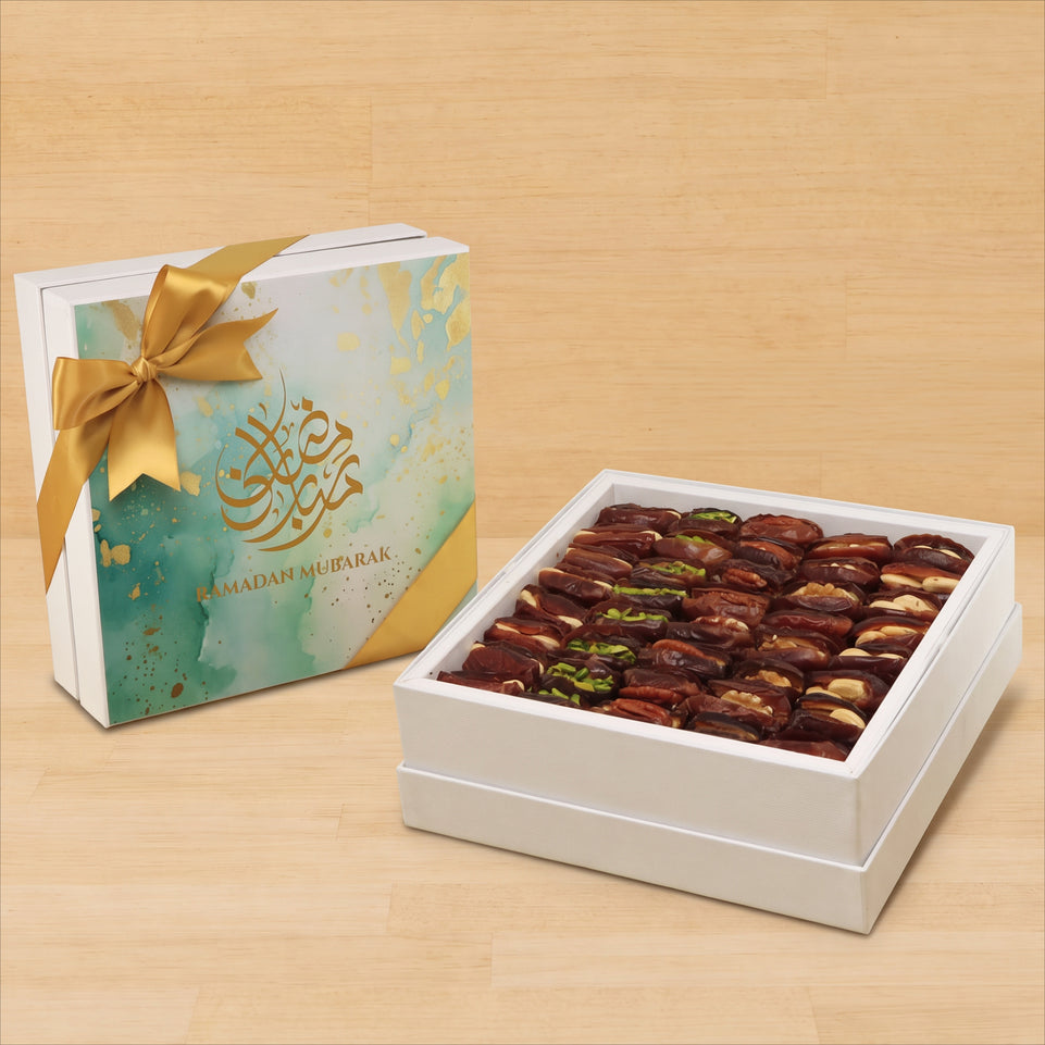 Ramadan Mubarak designed premium nut stuffed dates hard box