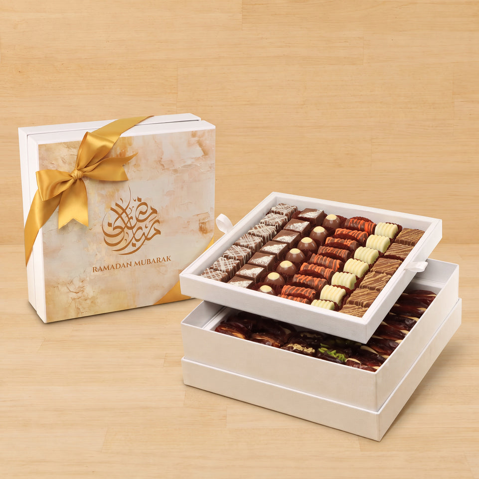 Ramadan Mubarak designed premium chocolate & dates 2-layer hard box