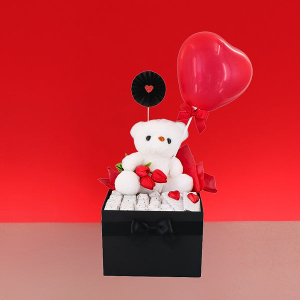 Valentine's stuffed toy, balloon, flower & chocolate hamper