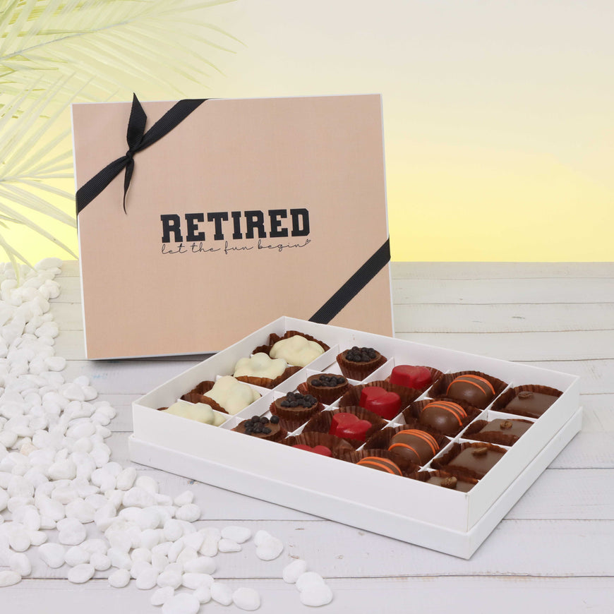 "Let the fun begin" retirement 20-piece chocolate hard box