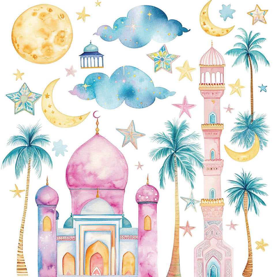 Ramadan eid hajj mosques moon clouds greeting card