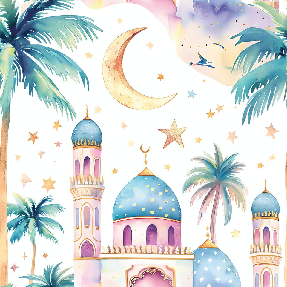 Ramadan eid hajj mosques with moon illustration greeting card