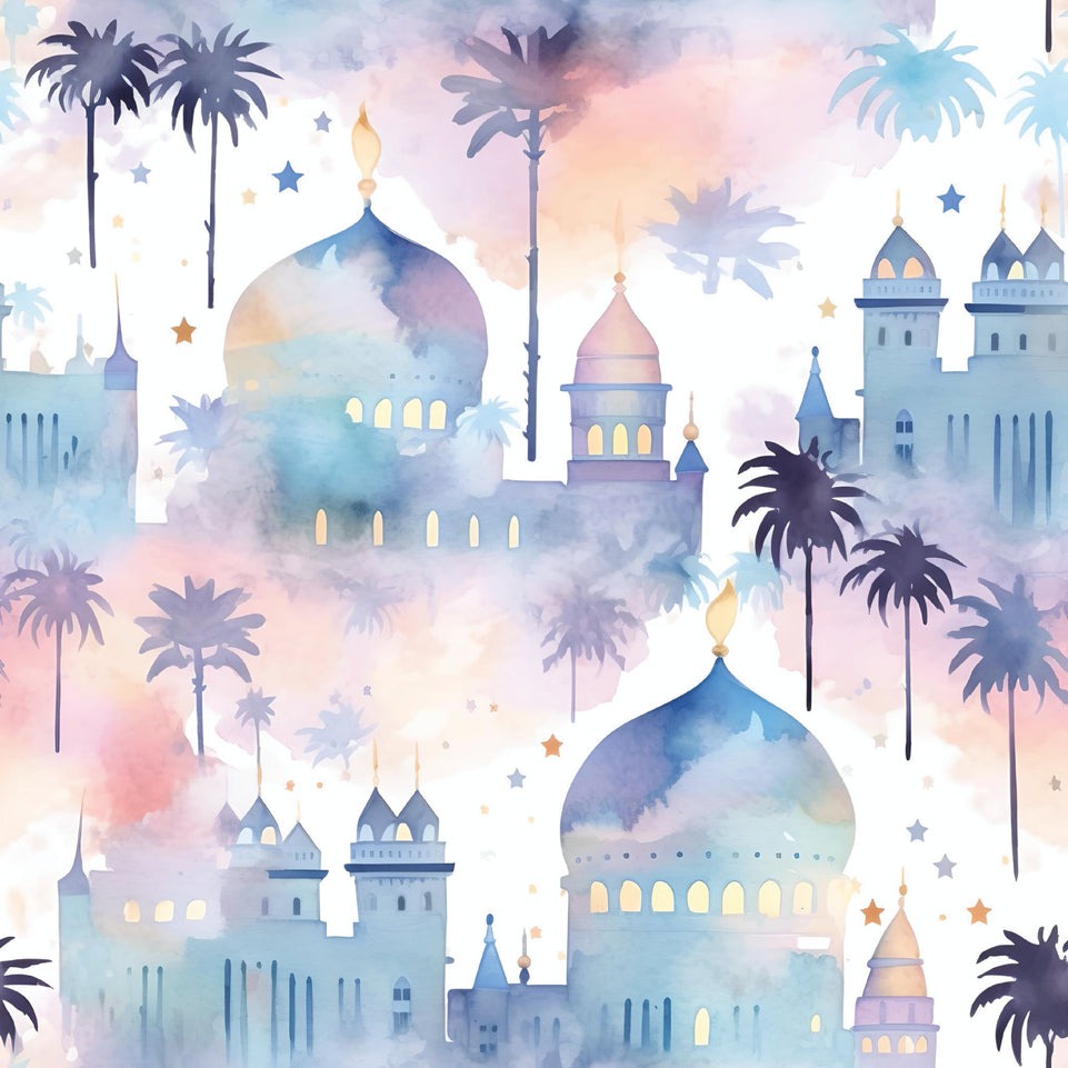 Ramadan eid hajj watercolor with palm trees mosques illustration greeting card