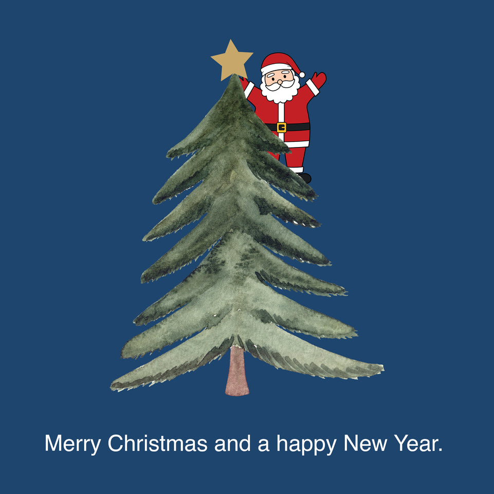 Santa climbing tree christmas greeting card