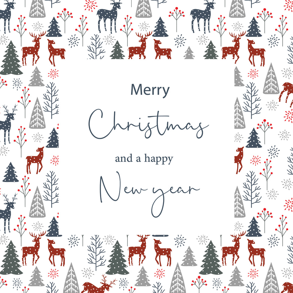 Trees and deers merry christmas and a happy new year greeting card