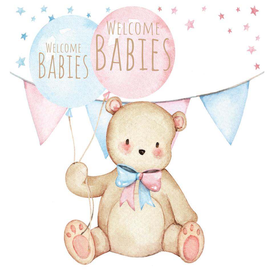 Twin babies boy and girl teddy holding balloons greeting card