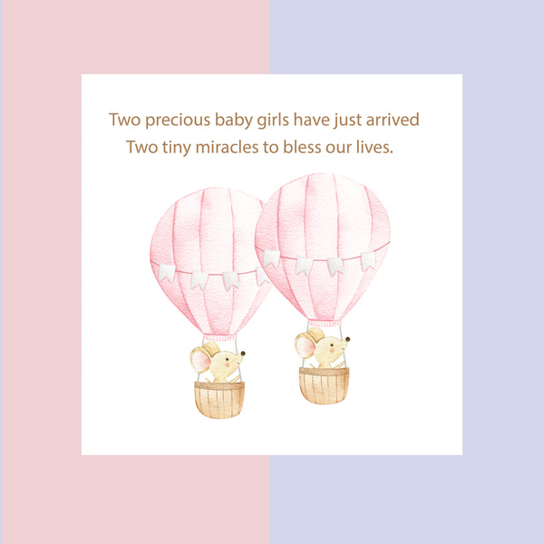 Twin baby girls hot air balloons greeting card
