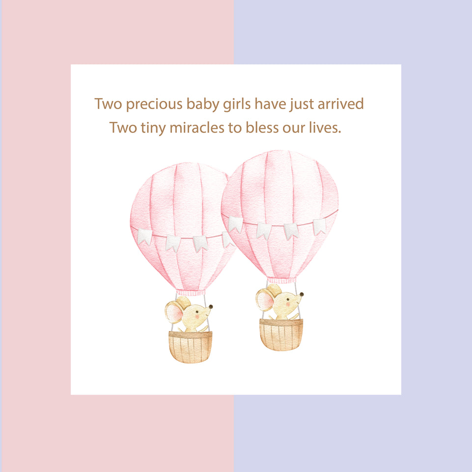 Twin baby girls hot air balloons greeting card