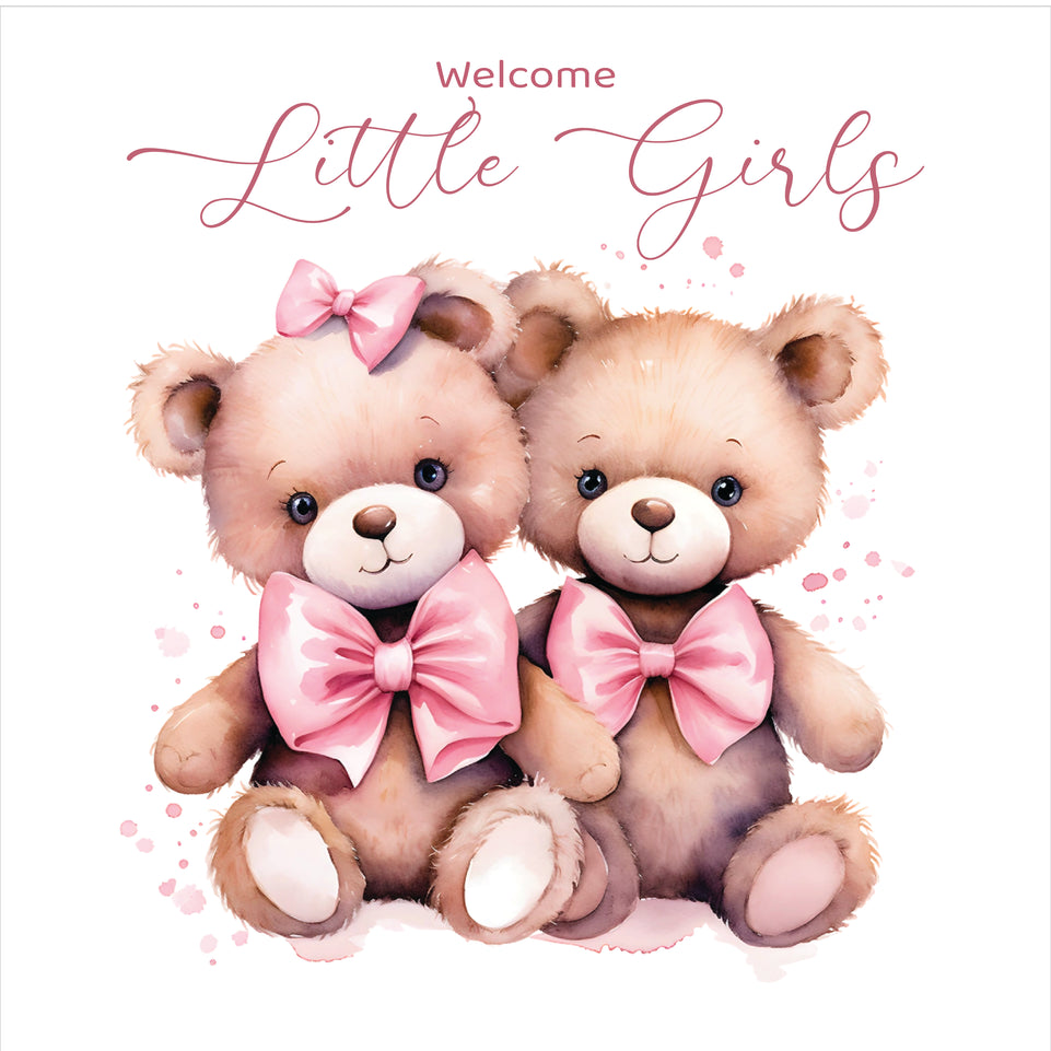 Twin baby girls teddy bears with bow greeting card