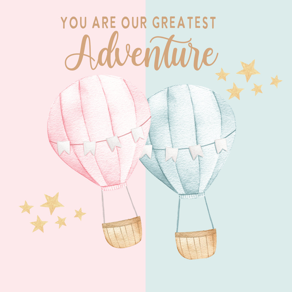 Twin boy and girl babies hot air balloons greeting card