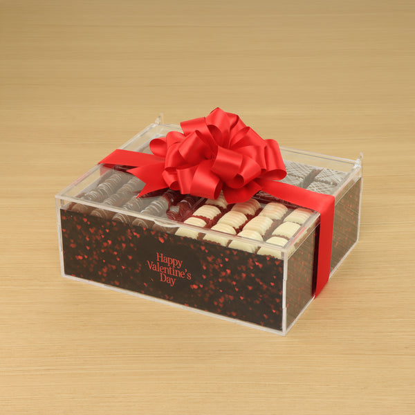 Happy Valentine's Day shimmering red hearts design premium chocolate gift acrylic box