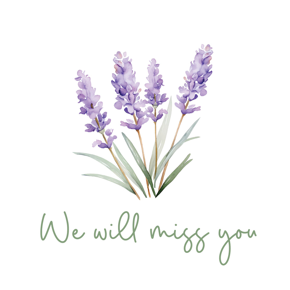 We will miss you lavender greeting card