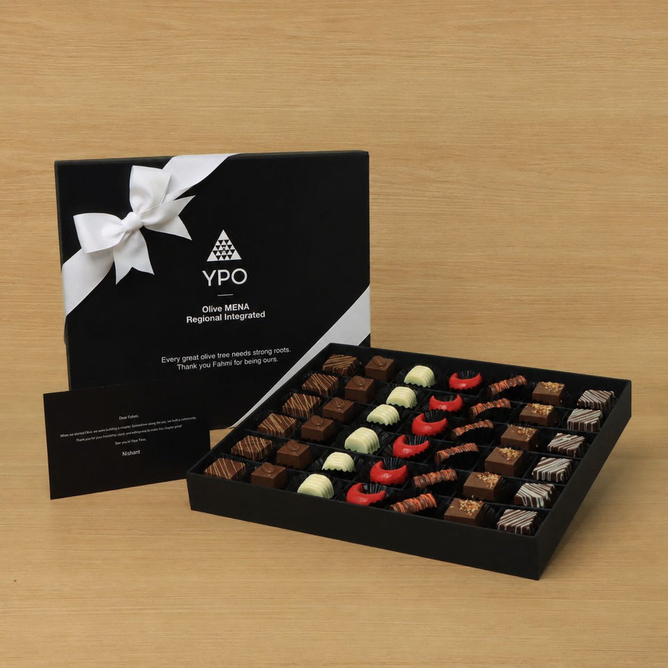 Corporate customized premium chocolate 42P hard box with top card.