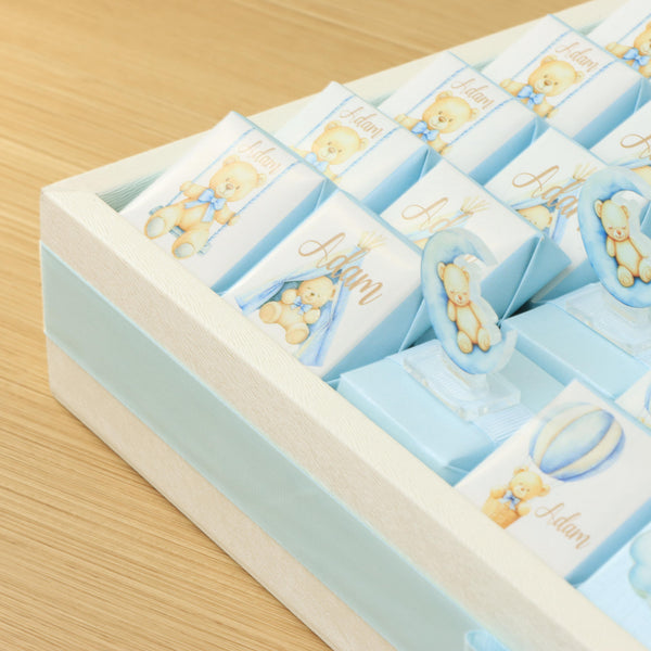 Baby boy teddy theme premium chocolate medium leather tray with acrylic backdrop
