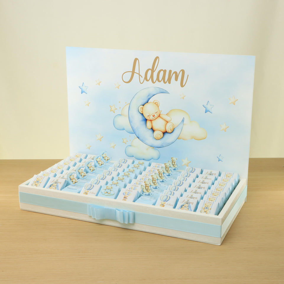 Baby boy teddy theme premium chocolate medium leather tray with acrylic backdrop