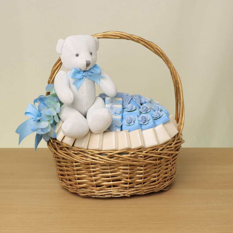 Baby boy crochet decorated chocolate medium basket