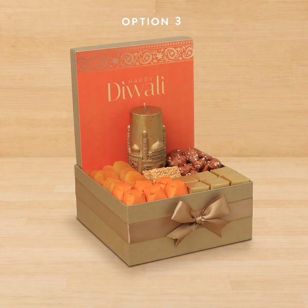 Happy Diwali Taj Mahal candle with chocolate & sweets medium hamper