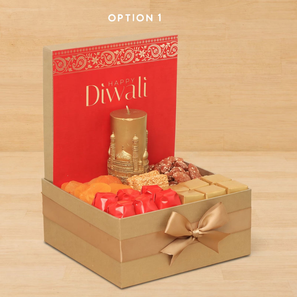 Happy Diwali Taj Mahal candle with chocolate & sweets medium hamper