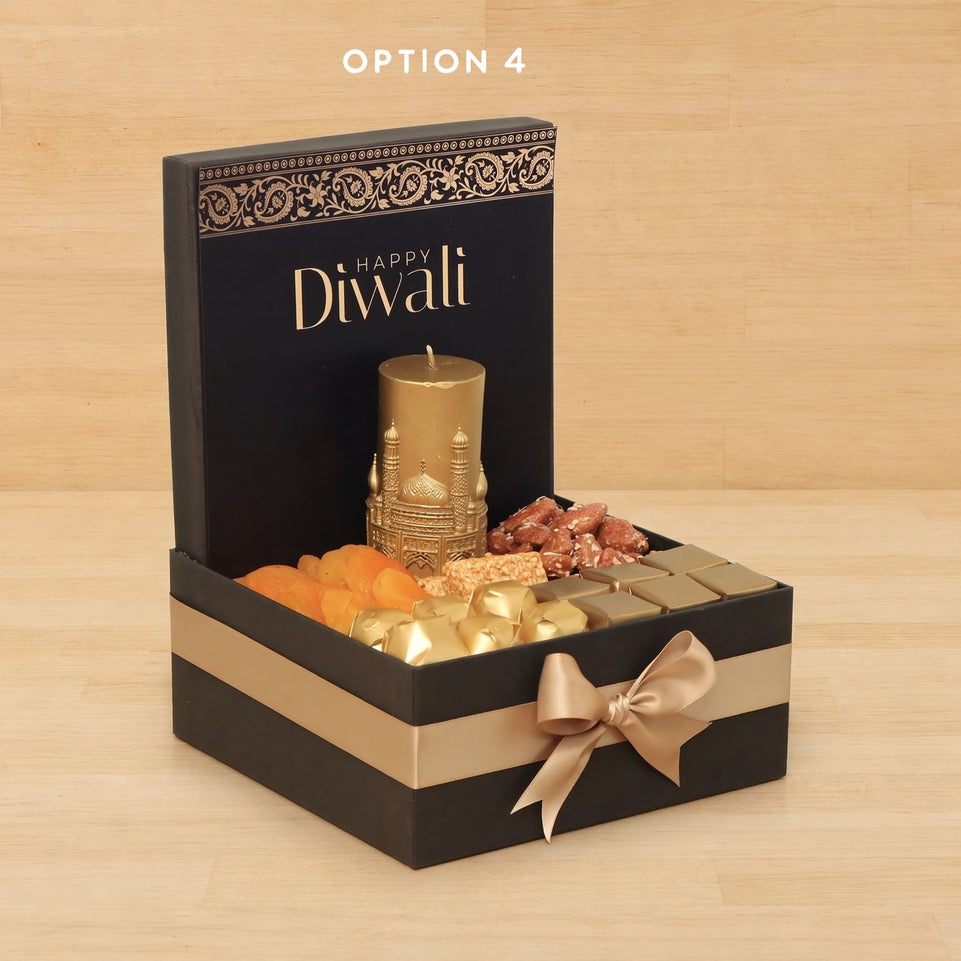 Happy Diwali Taj Mahal candle with chocolate & sweets medium hamper