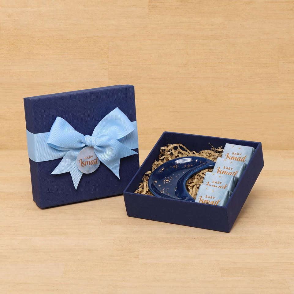 Set of 20 Elegant Baby boy giveaway set ceramic moon plate with premium personalized chocolate