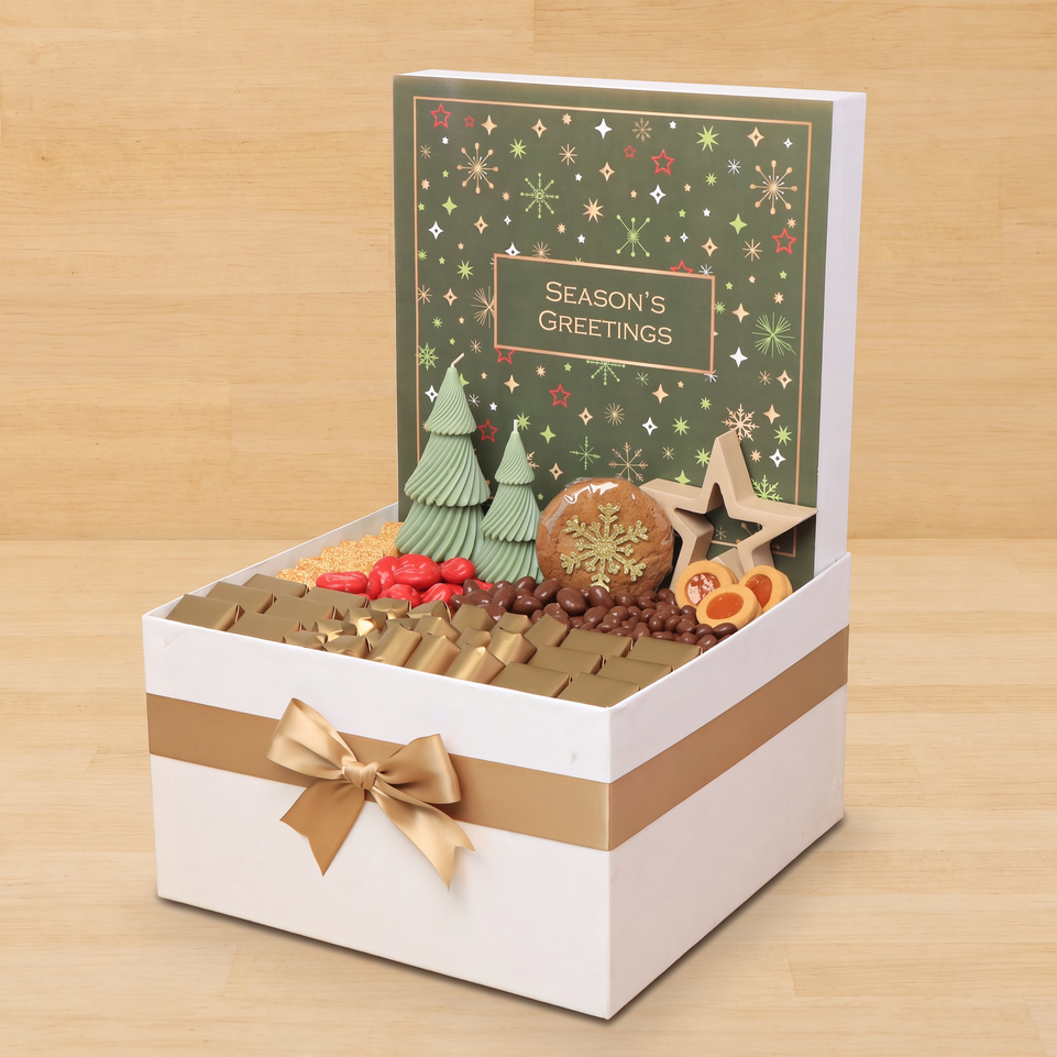 Season's Greeting designed with tree candle and decorated star premium chocolate & sweets extra large hamper