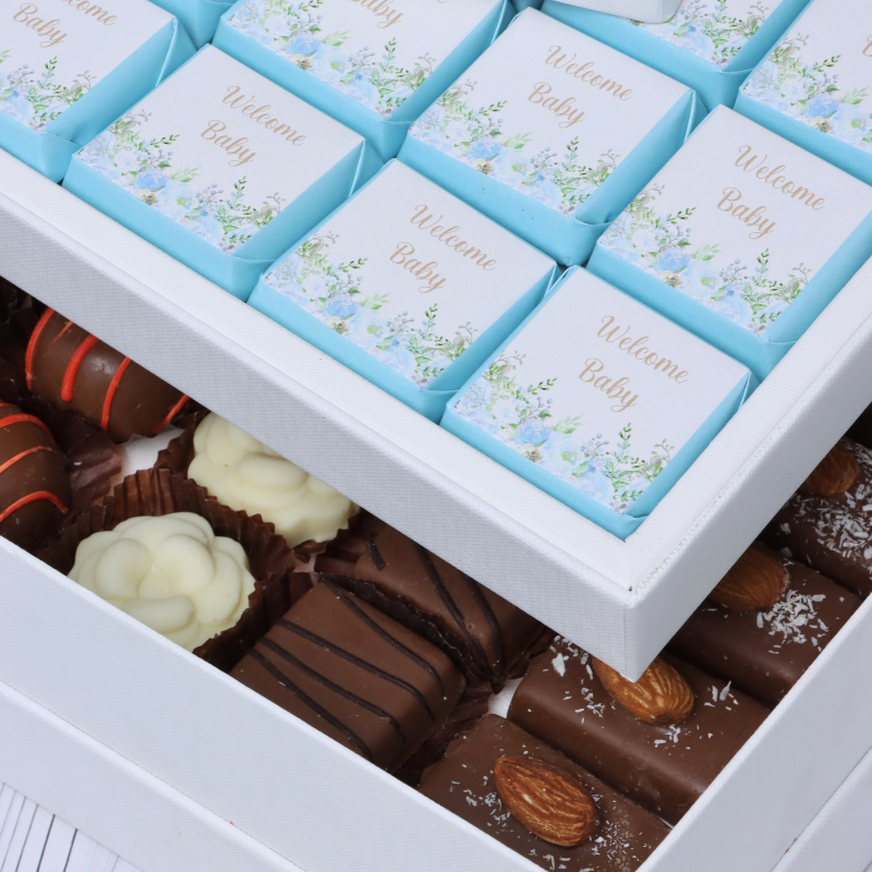 Baby boy "welcome baby" flower designed 2-layer chocolate hard box