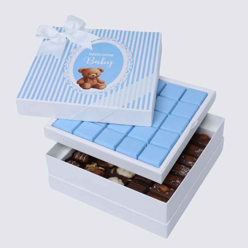 Baby boy "welcome baby" teddy designed 2-layer chocolate hard box