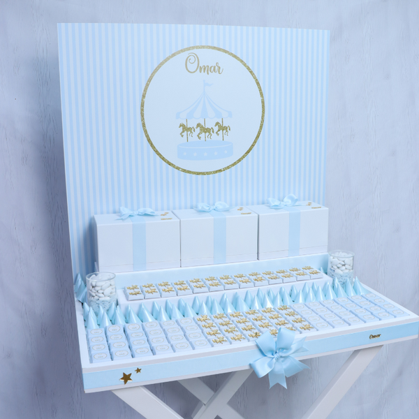 Carousel themed baby boy personalized chocolate stand with personalized backdrop