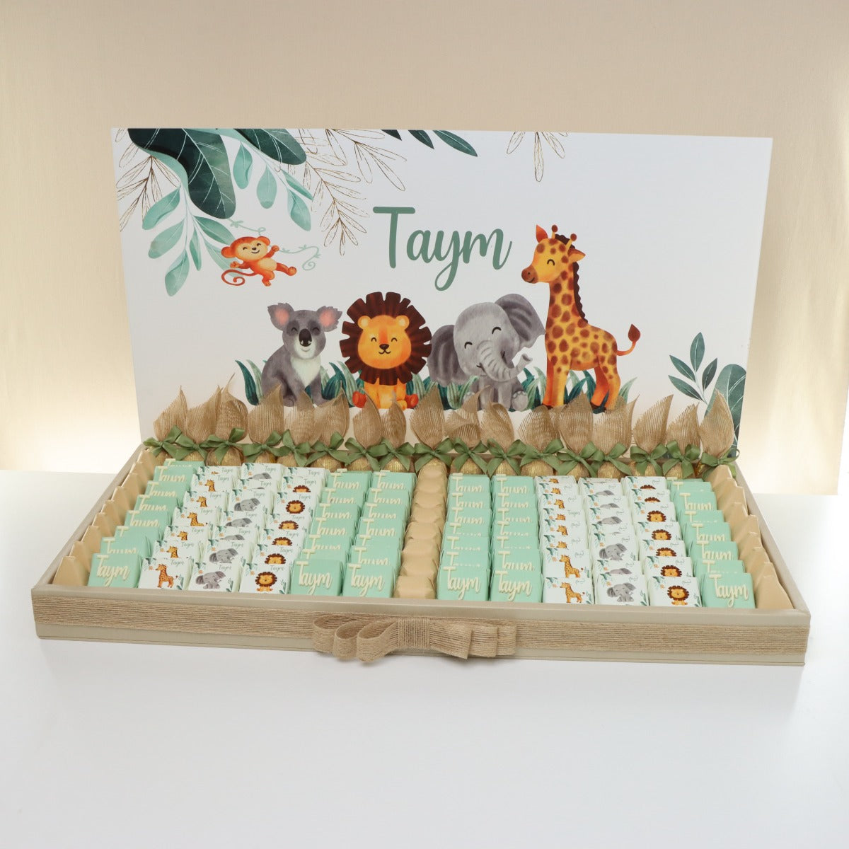 Baby boy personalized animal safari theme chocolate leather tray