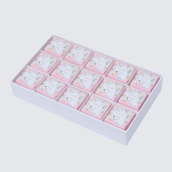 Welcome baby girl flower designed 15-piece chocolate hard box