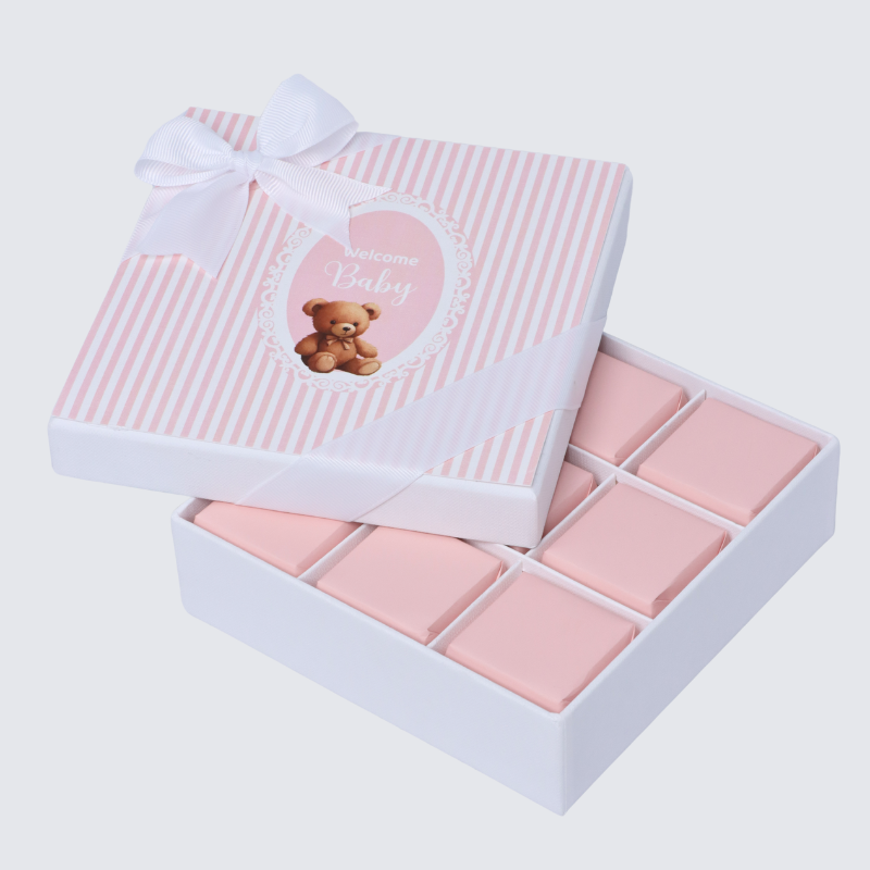 Welcome baby girl teddy designed 9-piece chocolate hard box