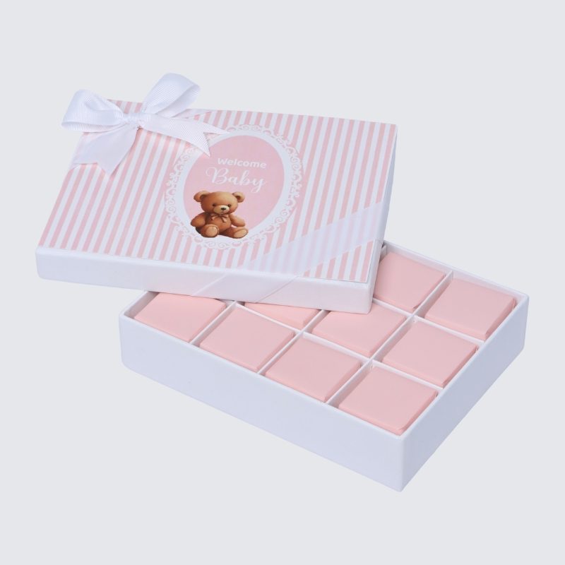 Welcome baby girl teddy designed 12-piece chocolate hard box