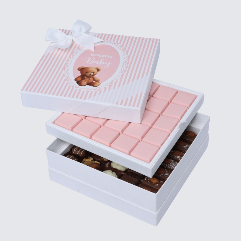 Welcome baby girl teddy designed 2-layer chocolate hard box