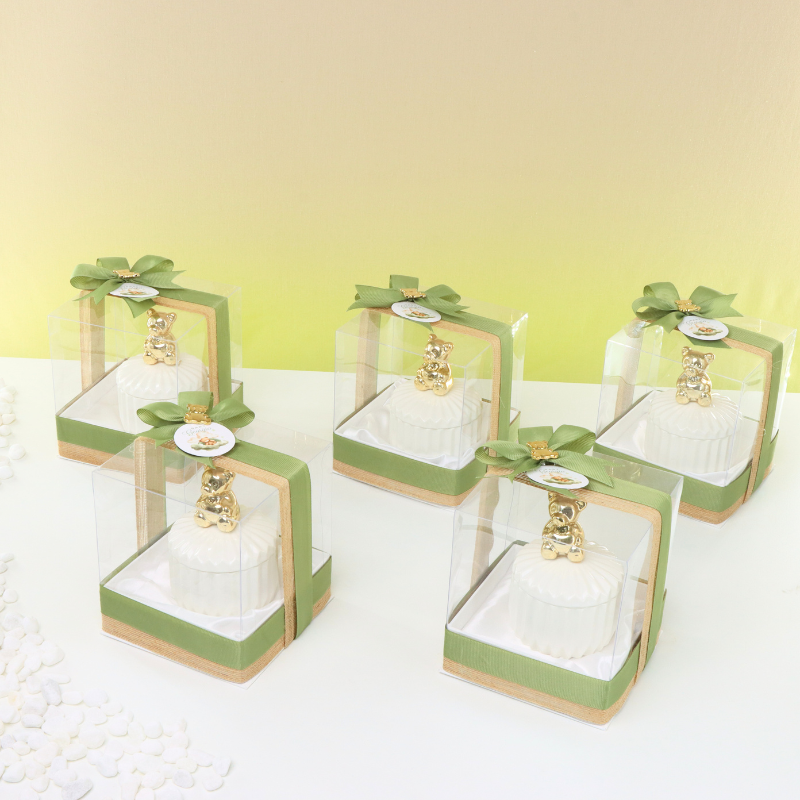 Baby boy teddy theme designed ceramic teddy giveaway clear box