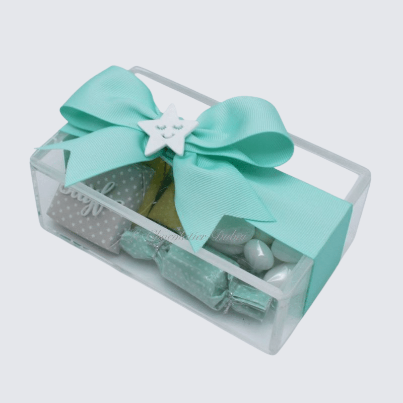 BABY PERSONALIZED CHOCOLATE & ALMOND DRAGEES ACRYLIC BOX