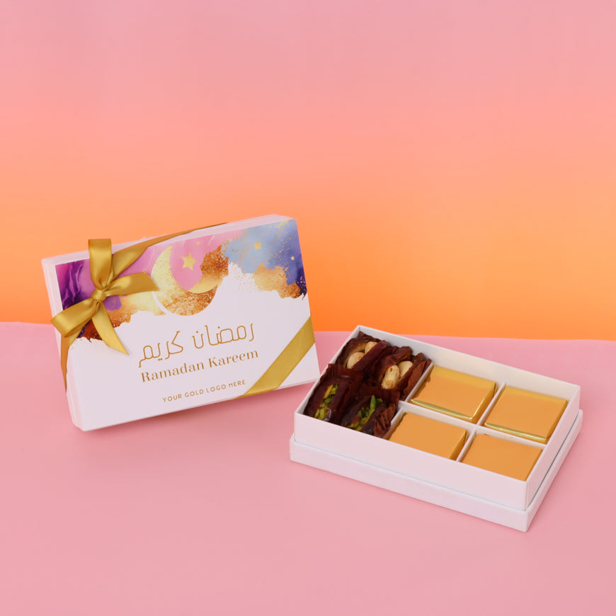 Corporate branded Ramadan Kareem pastel designed chocolate & dates hard box giveaway