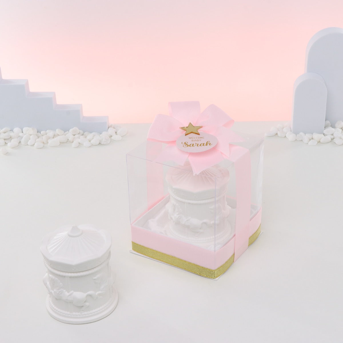 Set of 20 boxes baby girl carousel scented candle giveaway