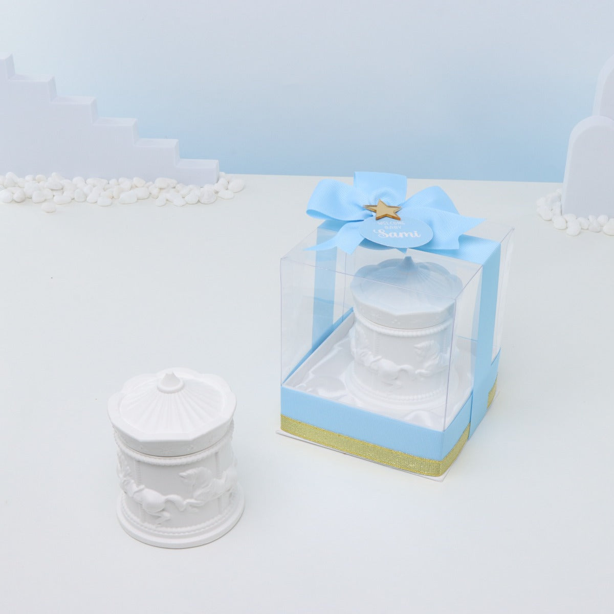 Set of 20 boxes baby boy carousel scented candle giveaway