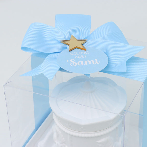 Set of 20 boxes baby boy carousel scented candle giveaway