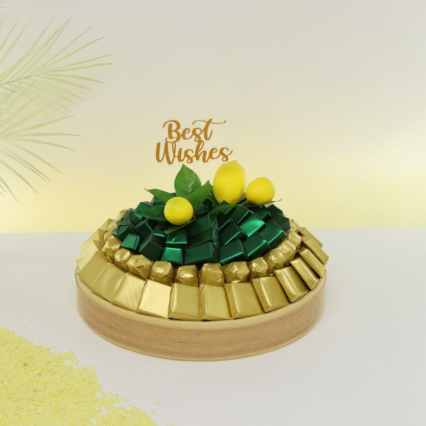 BEST WISHES LEMON DECORATED CHOCOLATE LEATHER ROUND TRAY