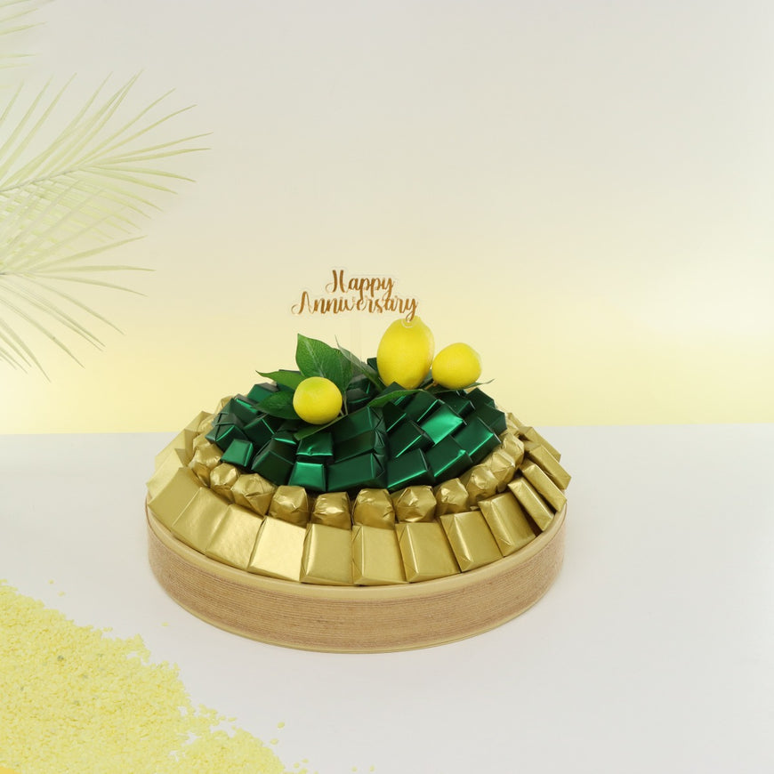 HAPPY ANNIVERSARY LEMON DECORATED CHOCOLATE LEATHER ROUND TRAY