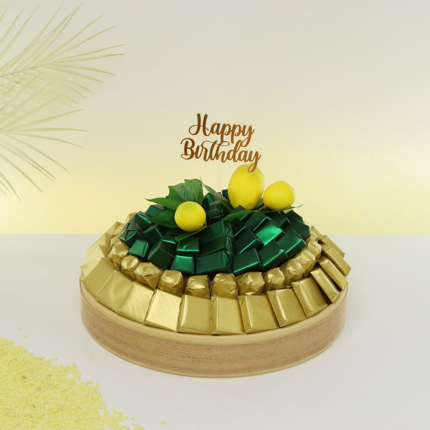 Happy birthday lemon decorated chocolate leather round tray