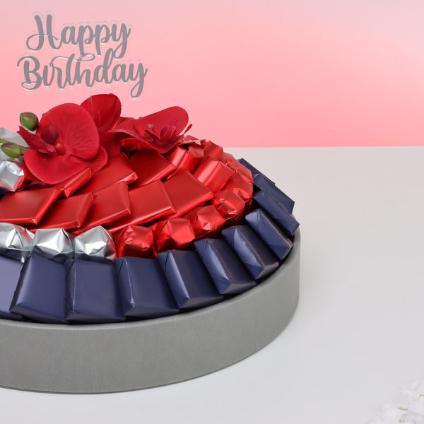 Happy birthday orchid decorated chocolate leather round tray