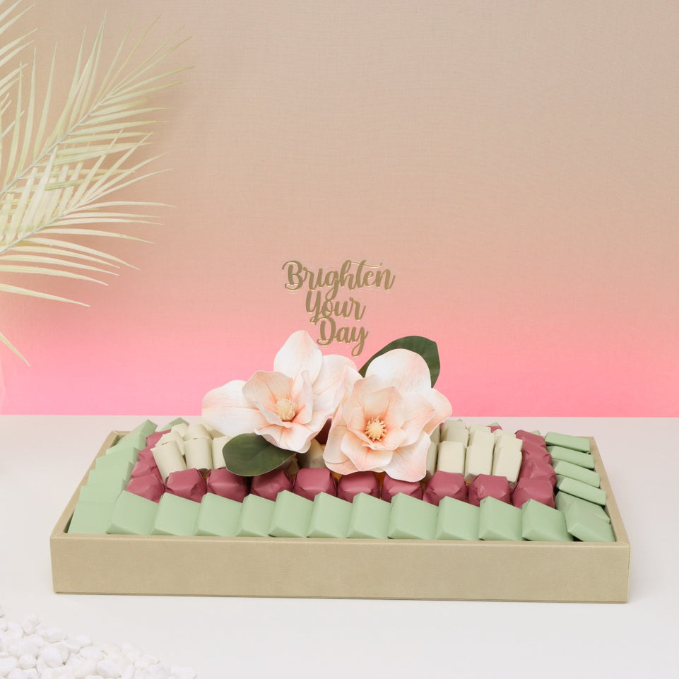 Brighten your day peach magnolia decorated chocolate leather tray