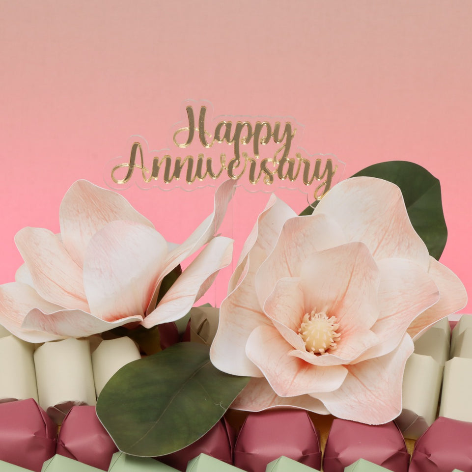 Happy anniversary peach magnolia decorated chocolate leather tray