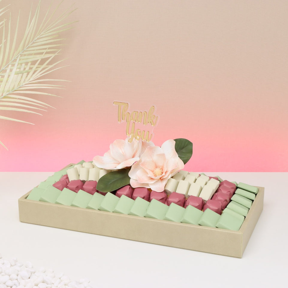 Thank you peach magnolia decorated chocolate leather tray