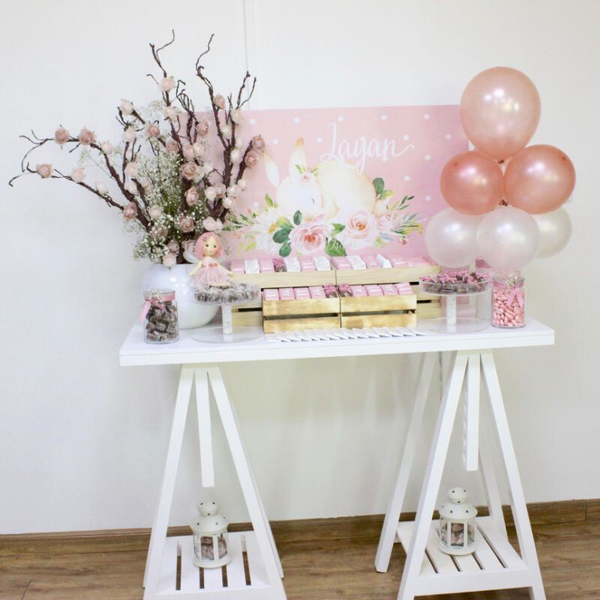 Bunny floral chocolate baby girl wood stand for rent