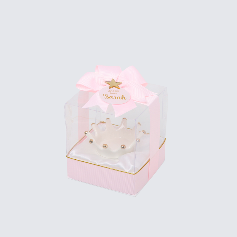 Set of 20 Welcome baby personalized ceramic crown holder clear box