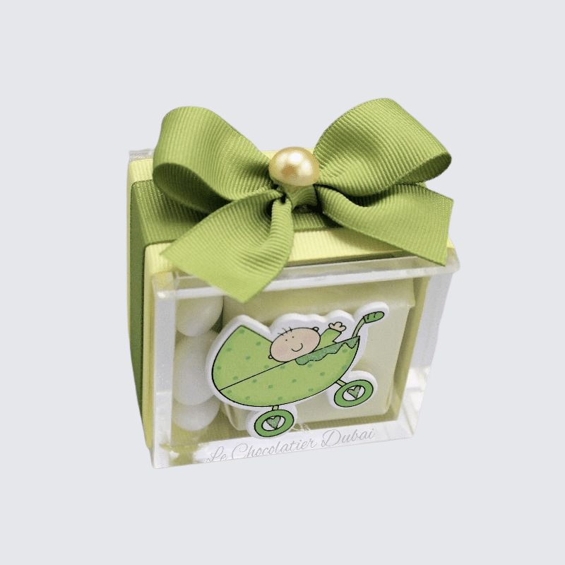 BABY DECORATED CHOCOLATE AND ALMOND DRAGEES ACRYLIC BOX